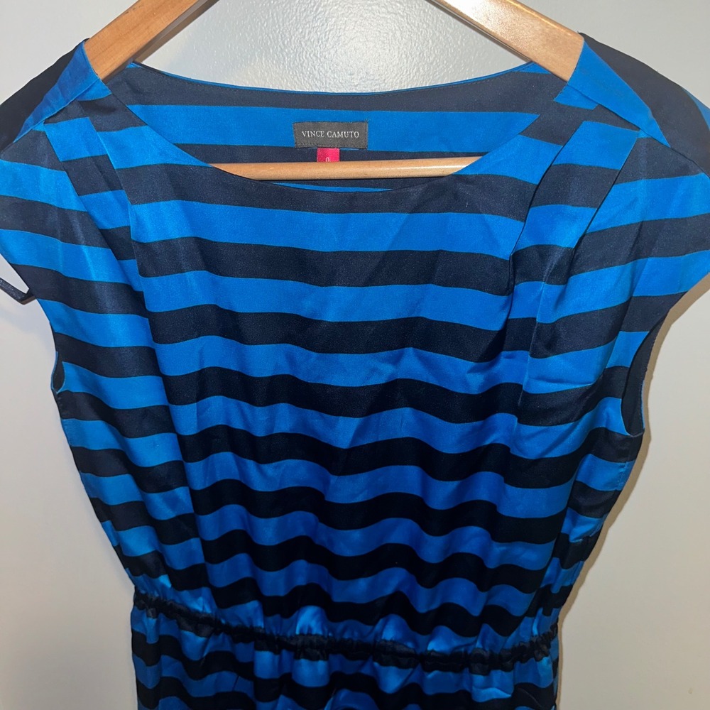 Vince Camuto Blue Black Striped Cap Sleeve Elastic Waist Mini Dress Size 0